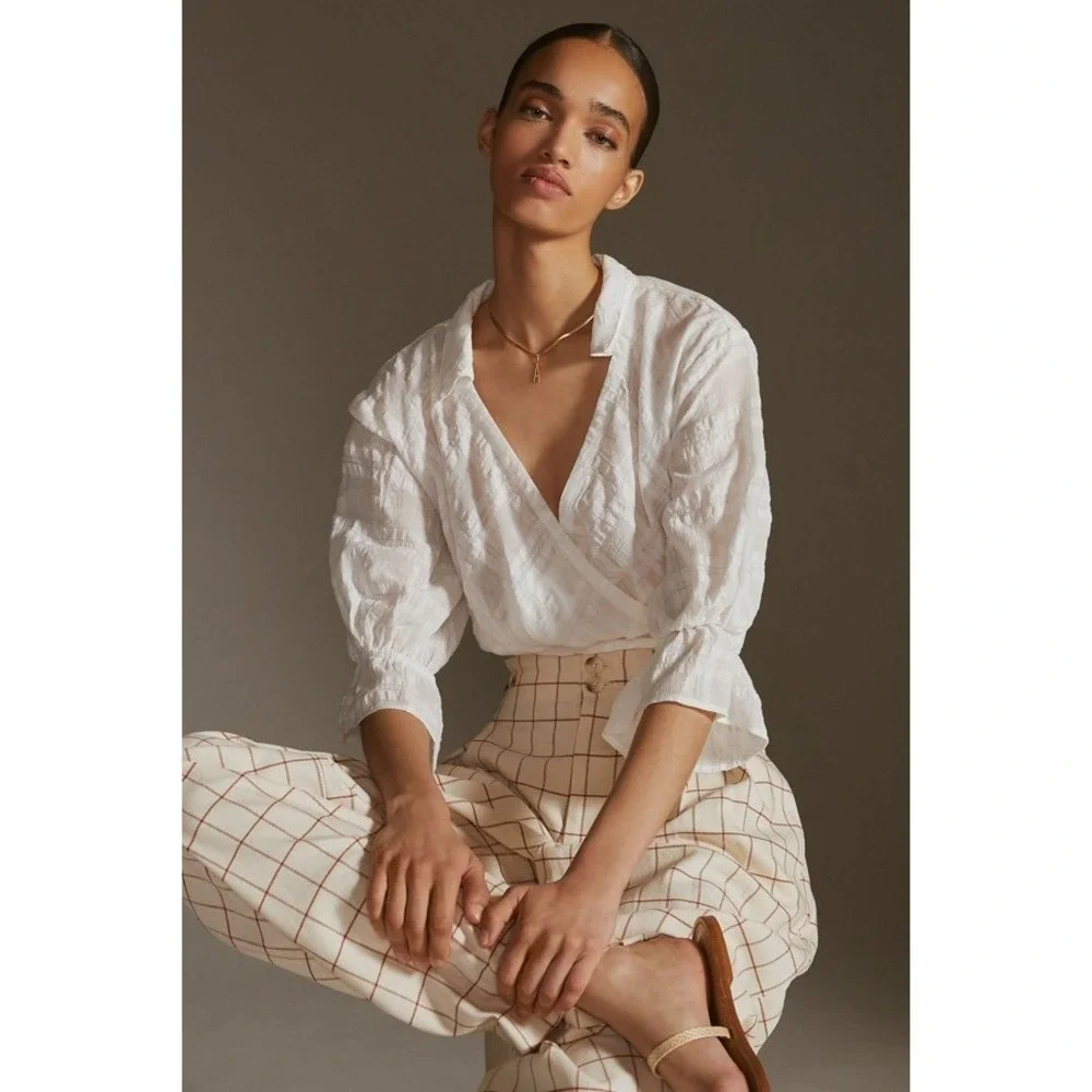 Anthropologie White Gauze Wrap Top Sz S 3/4 Puff Sleeve Collared Light Romantic